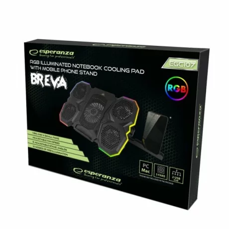 Cooler laptop gaming Esperanza Breva, iluminare RGB, stand telefon, Negru