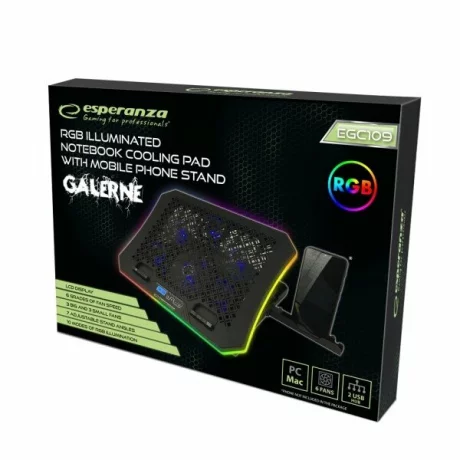 Cooler laptop gaming Esperanza Galerne, EGC109, iluminare RGB, stand telefon, Negru