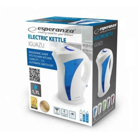 Fierbator electric Esperanza Iguazu, EKK018B, 2200W, 1.7l, Alb/Albastru