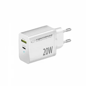Incarcator de retea Esperanza, EZC105W, 20W Usb-C PD 20W / Usb-A QC 3.0, Alb