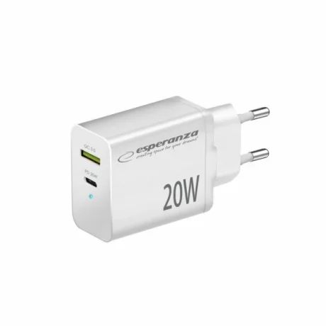 Incarcator de retea Esperanza, EZC105W, 20W Usb-C PD 20W / Usb-A QC 3.0, Alb