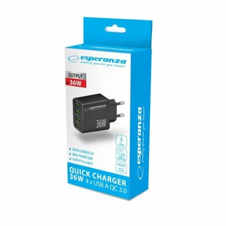 Incarcator de retea Esperanza, EZC107K, 36W 4 x Usb-A QC 18W, Negru