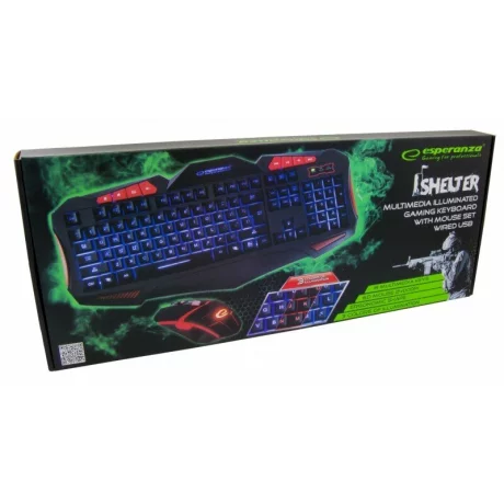 Kit tastatura si mouse gaming multimedia Esperanza Shelter, EGK300, iluminata, 1.5m, USB, Negru/Albastru