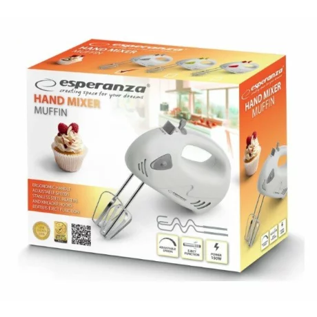 Mixer de mana Esperanza Muffin, EKM007WE, 150W, Alb/Gri