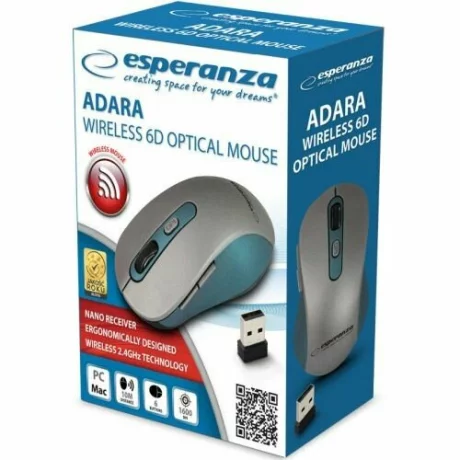 Mouse optic wireless Esperanza Adara, EM131B, 6 butoane, Usb, 1600dpi, Gri/Albstru