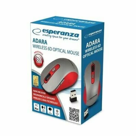 Mouse optic wireless Esperanza Adara, EM131R, 6 butoane, Usb, 1600dpi, Gri/Rosu
