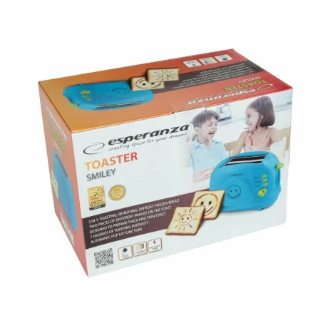 Prajitor de paine Esperanza Smiley, EKT003B, 2 imagini toast, 750W, 3 in 1, Albastru