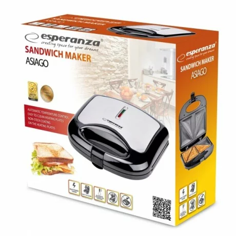 Prajitor de paine tip Sandwich maker Esperanza Asiago, EKT011, 1000W, Negru/Gri