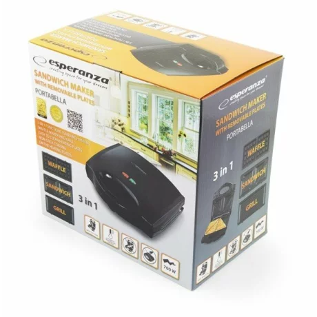 Prajitor de paine tip Sandwich Maker Esperanza Portabella, EKT006K,3 in 1, 700W, Negru