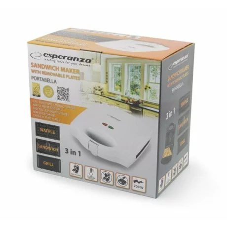 Prajitor de paine tip Sandwich Maker Esperanza Portabella, EKT006W,3 in 1, 700W, Alb
