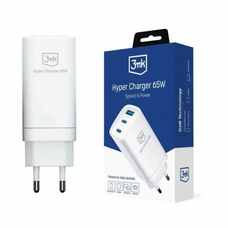 Incarcator Retea 3mk, HyperCharger, GaN, Quick Charge, 65W, 1 X USB - 2 x USB Type-C, Alb