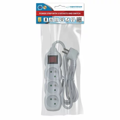 Prelungitor Esperanza ELK210W, switch ON/OFF, 3 prize, 1.5m, Alb