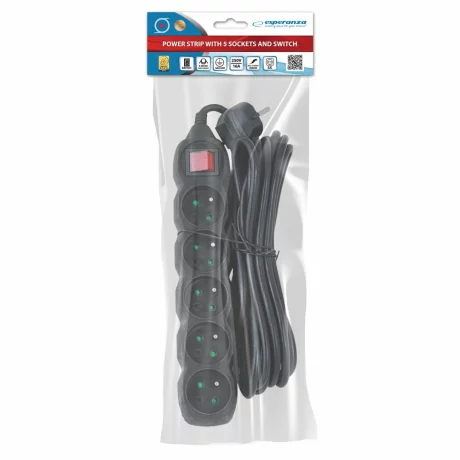 Prelungitor Esperanza ELK216K, switch ON/OFF, 5 prize, 5m, Negru