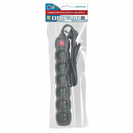 Prelungitor Esperanza ELK217K, switch ON/OFF, 6 prize, 1.5m, Negru