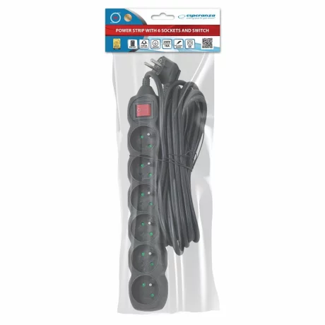 Prelungitor Esperanza ELK219K, switch ON/OFF, 6 prize, 5m, Negru