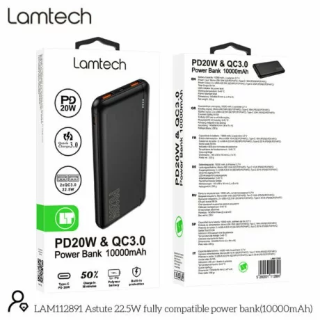 Baterie externa Lamtech, 10000mAh, QC3.0, 2xUSB out, PD, 1xUSB Type-C 20W out, 1xMicroUSB 18W in, 1xUSB Type-C 18W in, Indicator LED, Negru