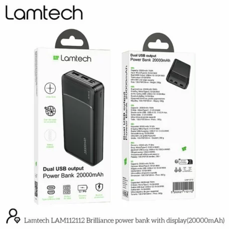 Baterie externa Lamtech, 20000mAh, 2xUSB out, 1xUSB Type-C/1xMicroUSB in, Indicator LED, Negru