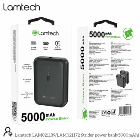 Baterie externa Lamtech, 5000mAh, Type-C, Indicator baterie, Negru