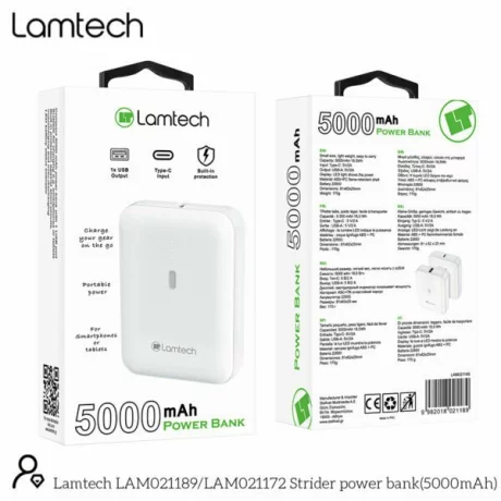 Baterie externa Lamtech, 5000mAh, Type-C, Indicator baterie,Alb