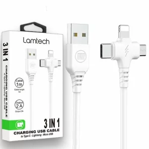 Cablu Date si Incarcare Lamtech, 3in1, USB la Type-C/Lightning/Micro USB, 2A, 1m, Alb
