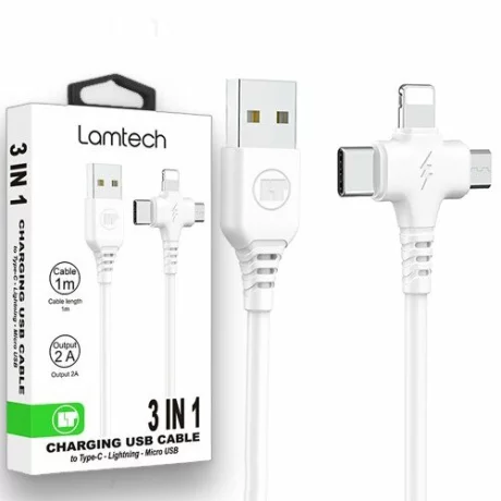 Cablu Date si Incarcare Lamtech, 3in1, USB la Type-C/Lightning/Micro USB, 2A, 1m, Alb
