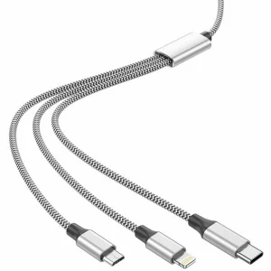 Cablu Date si Incarcare Lamtech, 3in1, USB la Type-C/Lightning/Micro USB, Invelis metalic, 2A, 1m, Argintiu