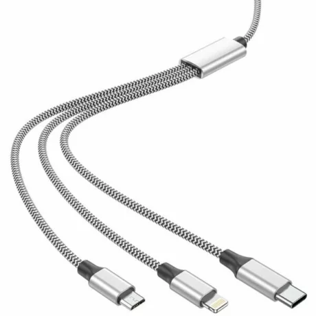 Cablu Date si Incarcare Lamtech, 3in1, USB la Type-C/Lightning/Micro USB, Invelis metalic, 2A, 1m, Argintiu