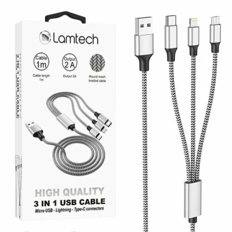 Cablu Date si Incarcare Lamtech, 3in1, USB la Type-C/Lightning/Micro USB, Invelis metalic, 2A, 1m, Argintiu