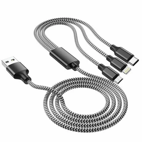 Cablu Date si Incarcare Lamtech, 3in1, USB la Type-C/Lightning/Micro USB, Invelis metalic, 2A, 1m, Negru