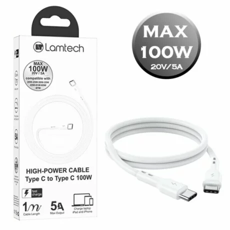 Cablu Date si Incarcare Lamtech, Type-C la Type-C, Fast charge, 100W, 1m, Alb
