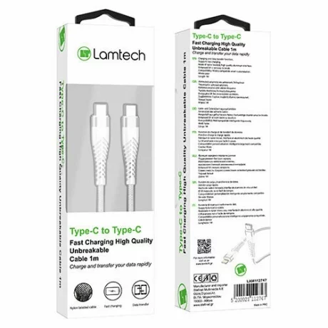 Cablu Date si Incarcare Lamtech, Type-C la Type-C, Incasabil, 1m, Alb
