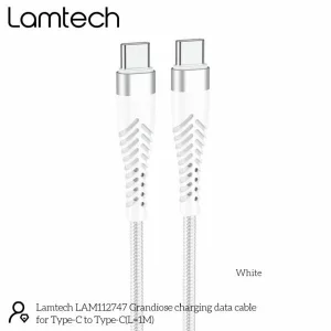 Cablu Date si Incarcare Lamtech, Type-C la Type-C, Incasabil, 1m, Alb