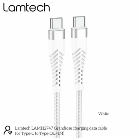 Cablu Date si Incarcare Lamtech, Type-C la Type-C, Incasabil, 1m, Alb