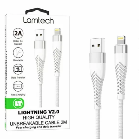 Cablu Date si Incarcare Lamtech, USB la Lightning, Incasabil, 2A, 2m, Argintiu