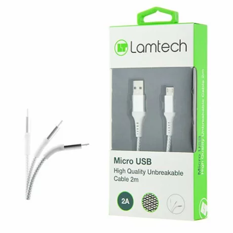 Cablu Date si Incarcare Lamtech, USB la MicroUSB, Incasabil, 2A, 2m, Argintiu
