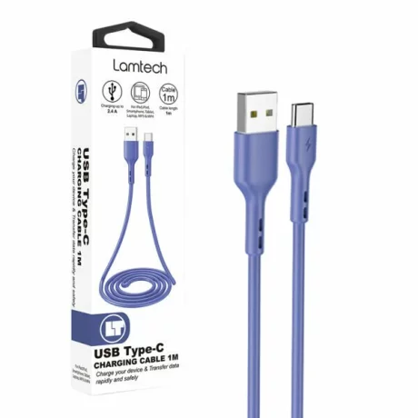 Cablu Date si Incarcare Lamtech, USB la Type-C, Plat, 2.4A, 1m, Albastru