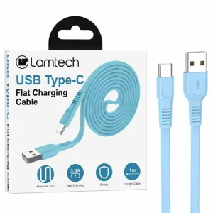 Cablu Date si Incarcare Lamtech, USB la Type-C, Plat, 3A, 1m, Albastru