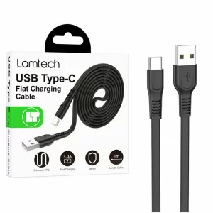Cablu Date si Incarcare Lamtech, USB la Type-C, Plat, 3A, 1m, Negru
