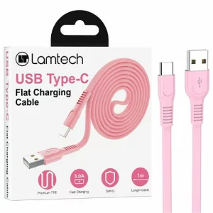 Cablu Date si Incarcare Lamtech, USB la Type-C, Plat, 3A, 1m, Roz