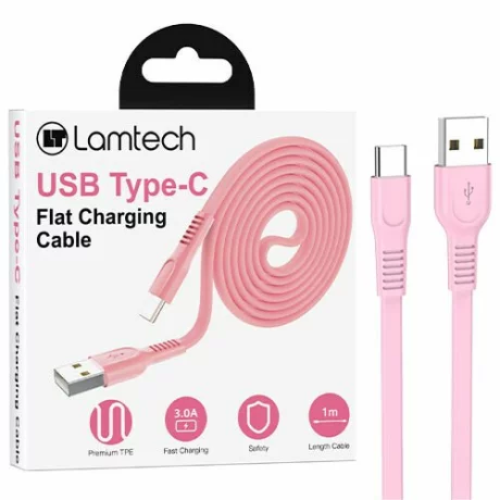 Cablu Date si Incarcare Lamtech, USB la Type-C, Plat, 3A, 1m, Roz
