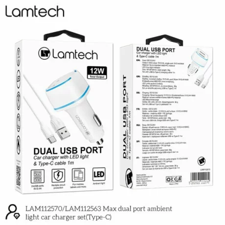 Incarcator auto Lamtech, 2xUSB 2,4A, Cablu Type-C 1m, Alb