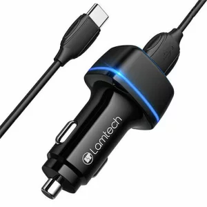 Incarcator auto Lamtech, 2xUSB 2,4A, Cablu Type-C 1m, Negru