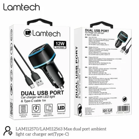 Incarcator auto Lamtech, 2xUSB 2,4A, Cablu Type-C 1m, Negru
