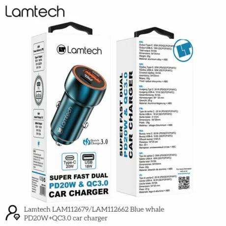 Incarcator auto Lamtech, Metal, 2xUSB, QC3.0, PD20W, Albastru