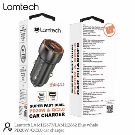 Incarcator auto Lamtech, Metal, 2xUSB, QC3.0, PD20W, Gri