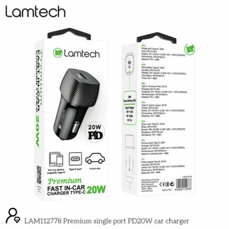 Incarcator auto Lamtech, Type-C PD20W, Negru
