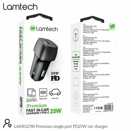 Incarcator auto Lamtech, Type-C PD25W, Negru