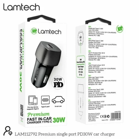 Incarcator auto Lamtech, Type-C PD30W, Negru