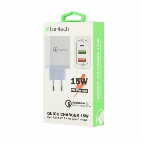 Incarcator retea Lamtech, 15W, PD, QC3.0,2xUSB, 1xUSB Type-C, Alb