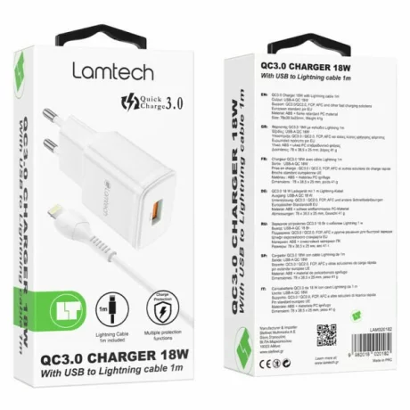 Incarcator retea Lamtech, 18W, QC3.0, 1xUSB, Cablu Lightning 1m inclus, Alb